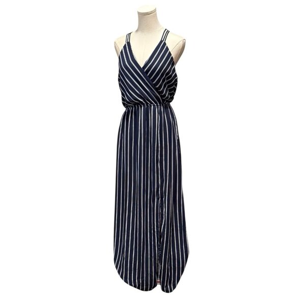 Monteau Dresses & Skirts - Monteau Navy Blue V-neck Striped Front Slit Sleeveless Womens Size XL Maxi Dress